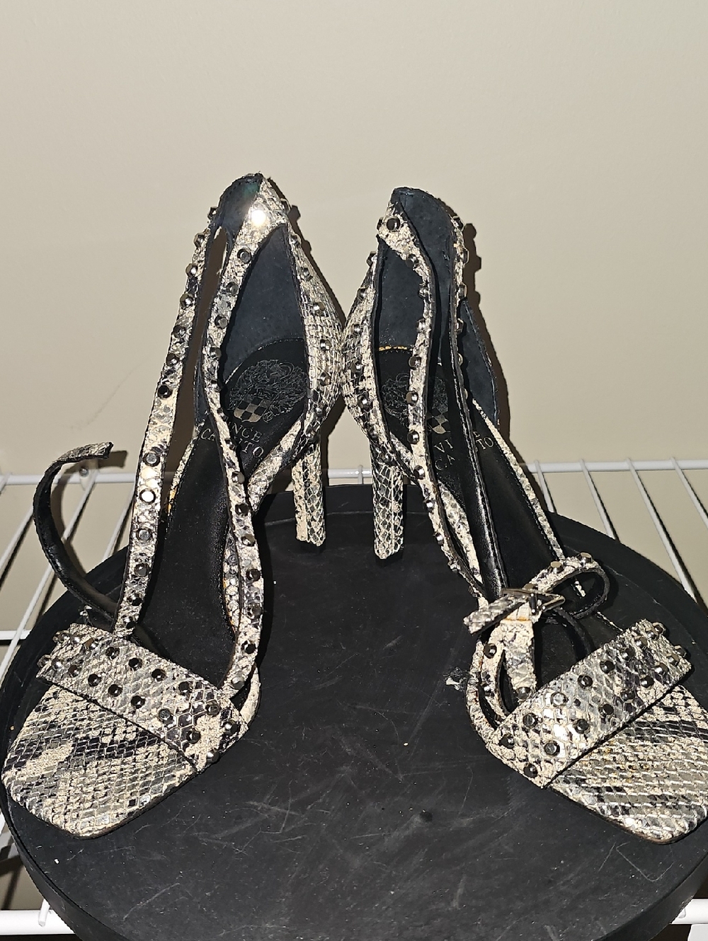 NWOB Vince Camuto Snake-Print Studded Strappy Heels in Black and Cream